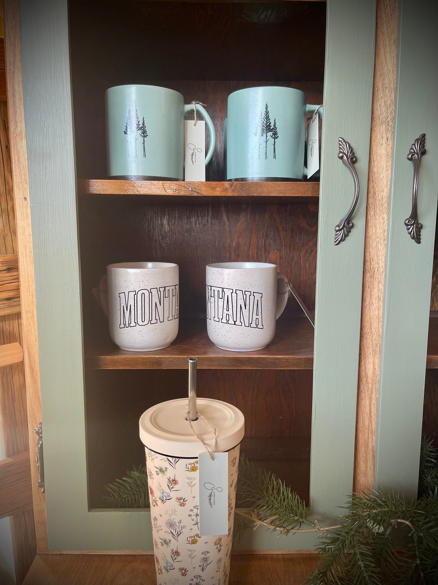 The Montana Scene Rustic "Three Tree" Ceramic Mug in Sage Green