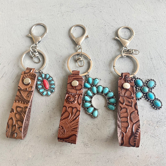 Turquoise Genuine Leather Western Style Key Chain (5 Options Available!!)