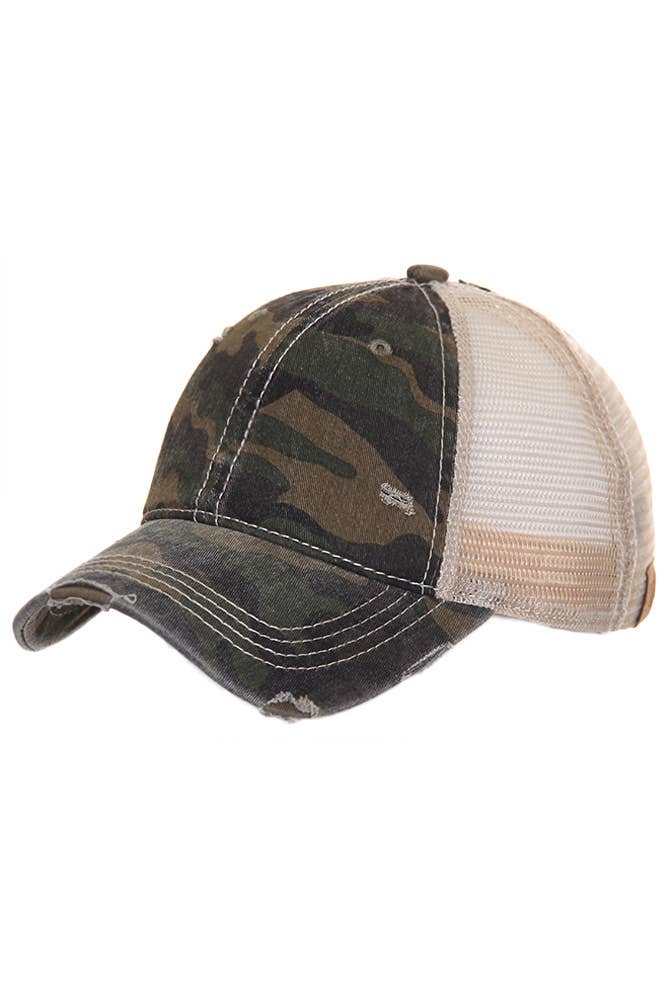 Gorra con cola de caballo estilo vintage con lavado desgastado y camuflaje CC