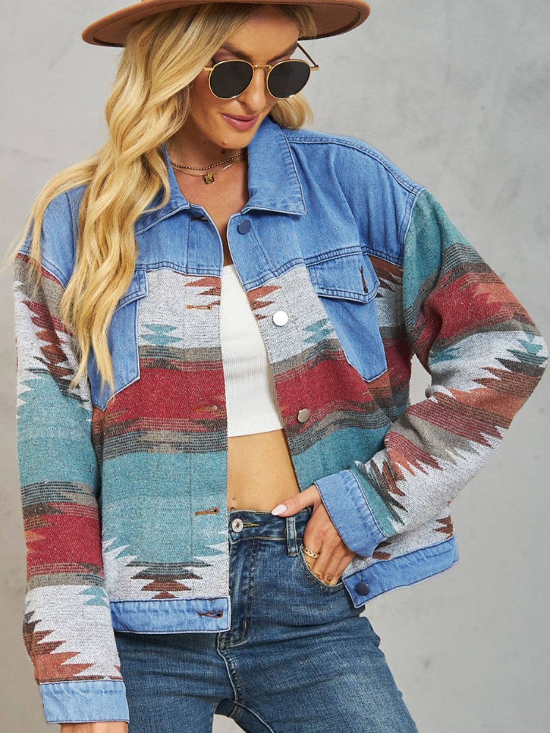 Western Aztec Dropped Shoulder Denim Jacket