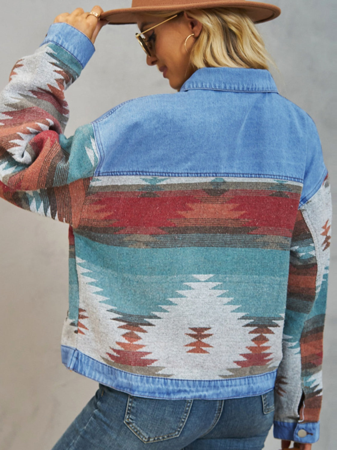 Western Aztec Dropped Shoulder Denim Jacket