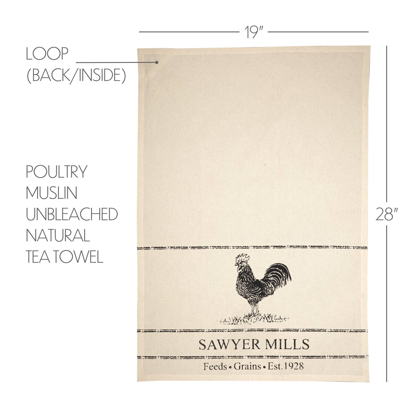 “Sawyer Mills” Charcoal Chicken Muslin Unbleached Natural Tea Towel