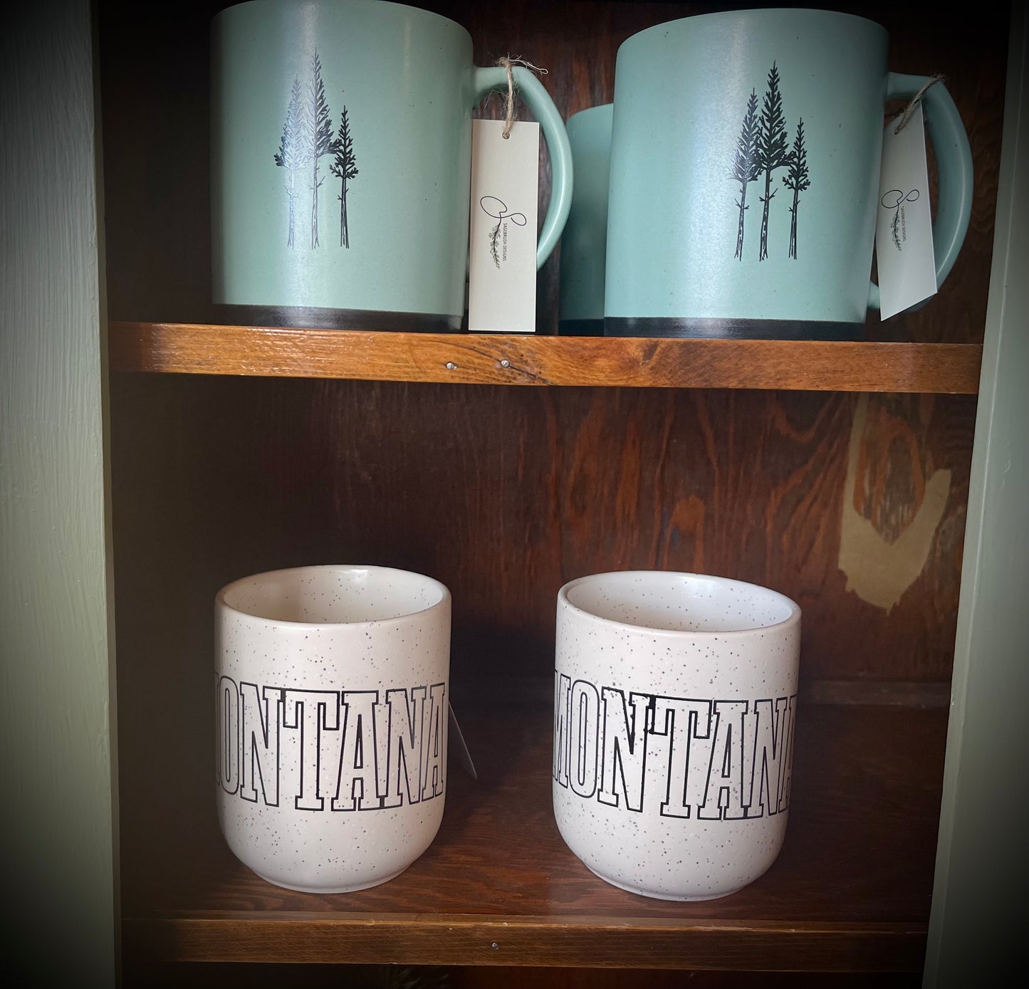 The Montana Scene Rustic "Three Tree" Ceramic Mug in Sage Green