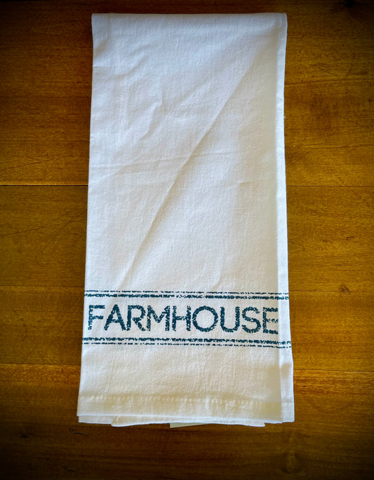 Blue “Farmhouse” Muslin Bleached White Tea Towel