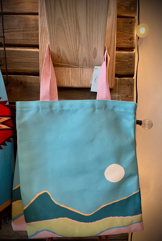 “Mountain Sun” Canvas Tote - Teal/Pink