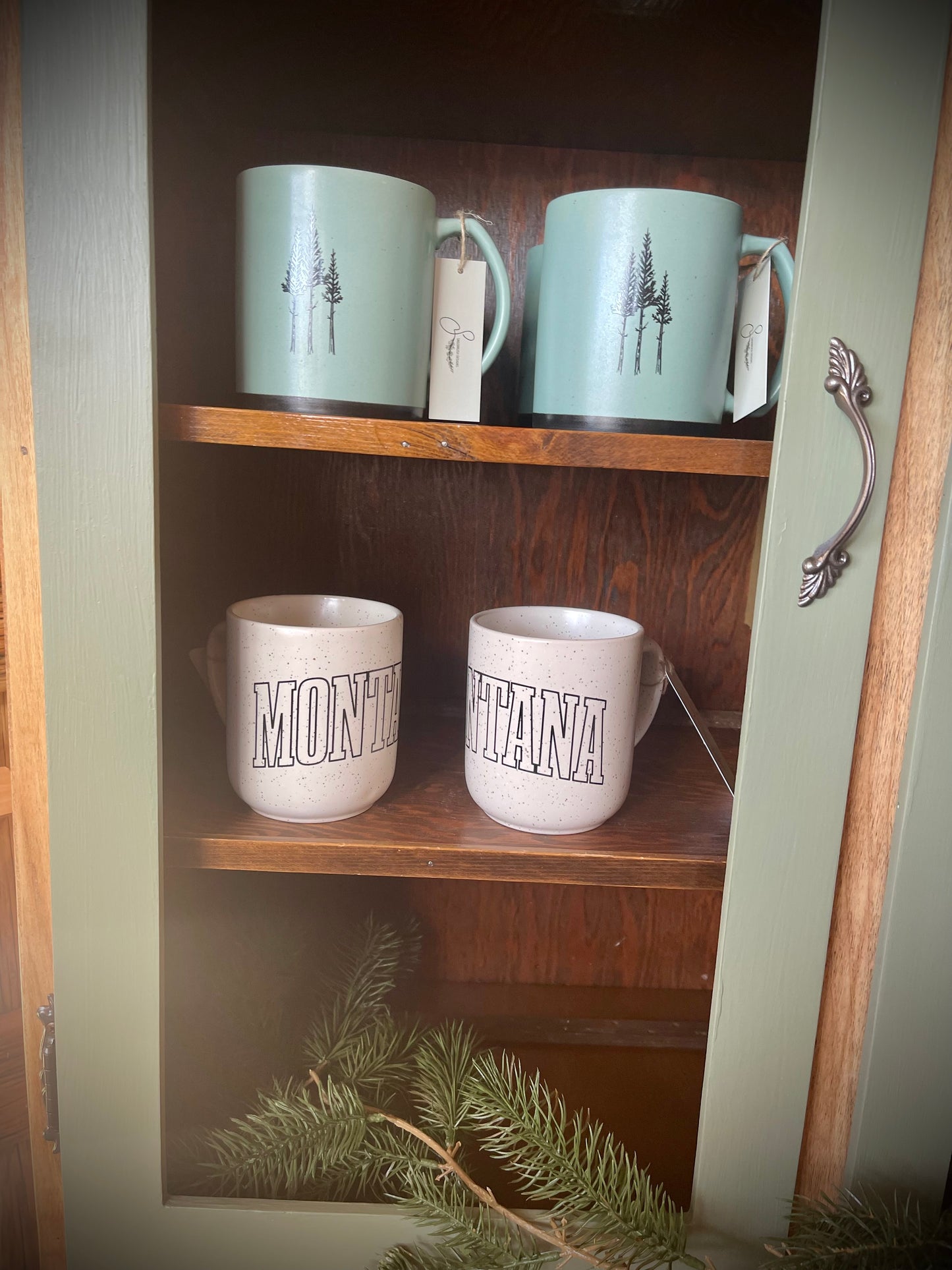 The Montana Scene Rustic "Three Tree" Ceramic Mug in Sage Green