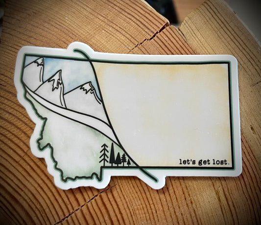 Montana Mountain Forest Scene Watercolor "Let's Get Lost" Diecut Vinyl Sticker