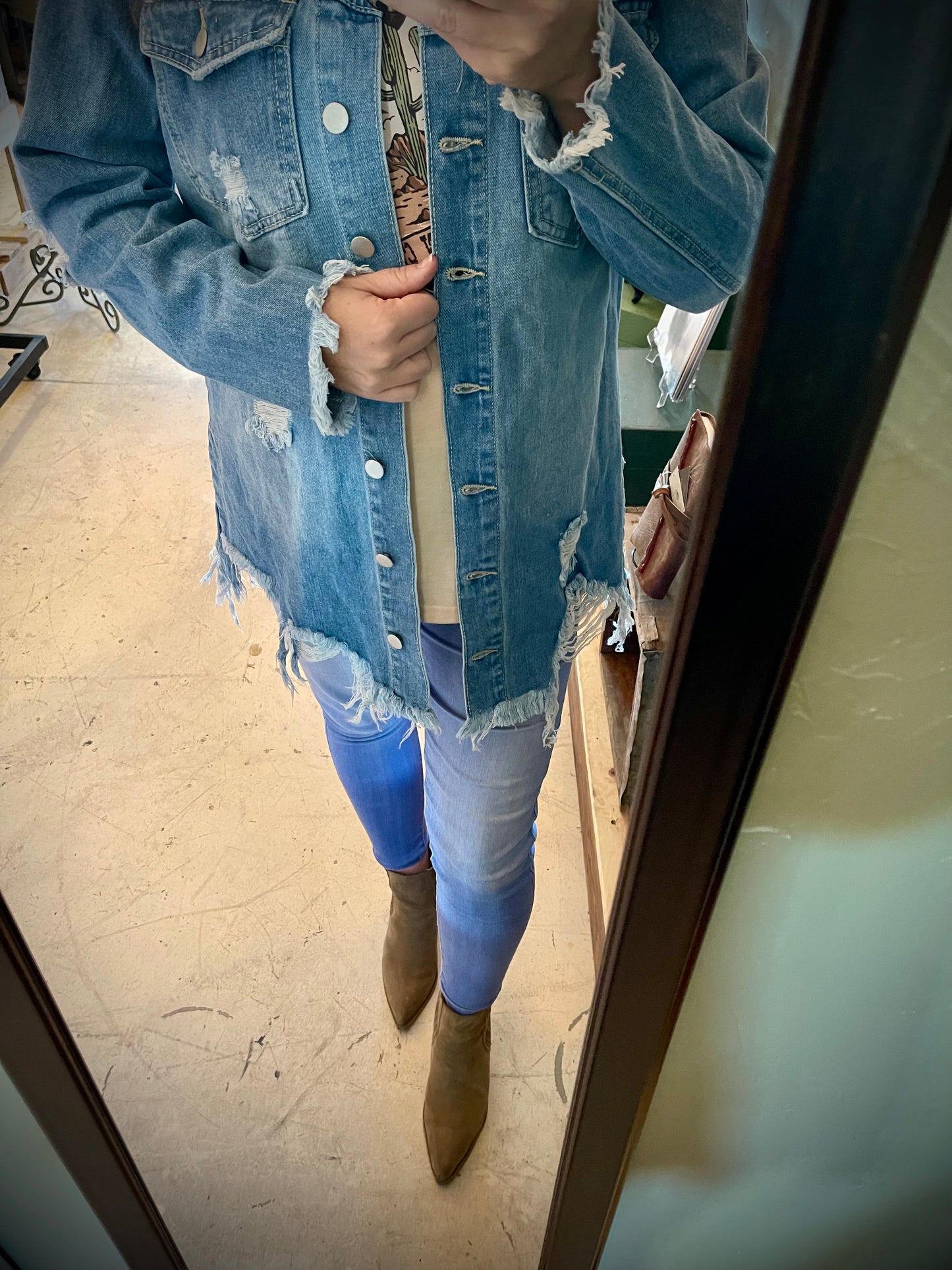 Distressed, Raw-Hem Denim Jacket