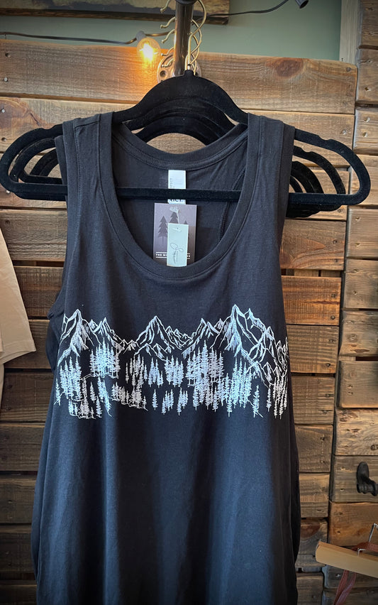 Mountain Sketch Ladies Racerback Tank- Black