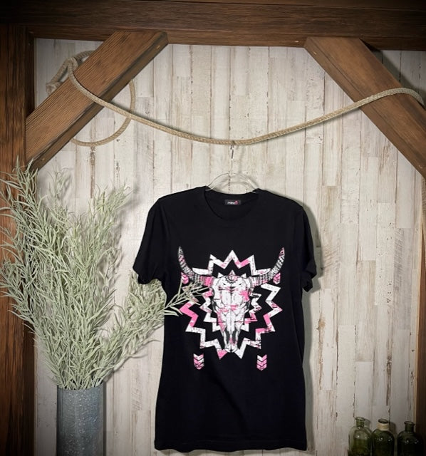 Buffalo Skull (Pink/White) Printed, Tunic-Length T-Shirt in Black