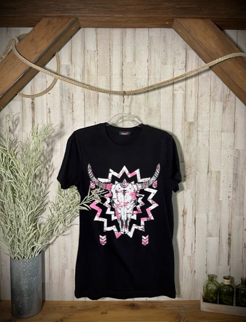 Buffalo Skull (Pink/White) Printed, Tunic-Length T-Shirt in Black