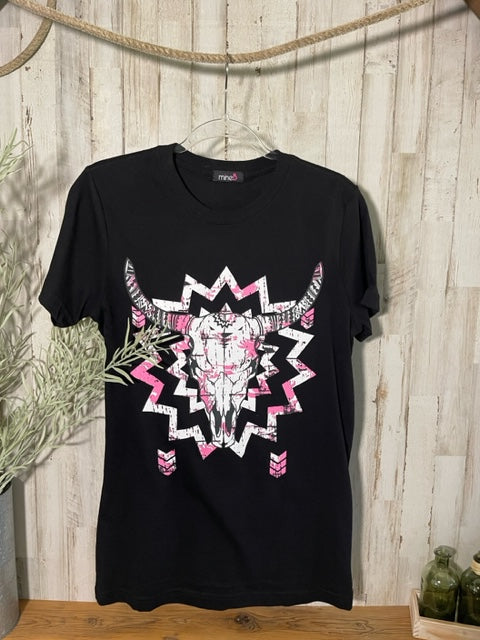 Buffalo Skull (Pink/White) Printed, Tunic-Length T-Shirt in Black