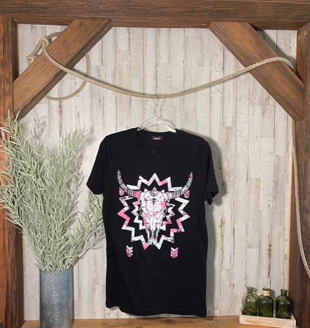 Buffalo Skull (Pink/White) Printed, Tunic-Length T-Shirt in Black