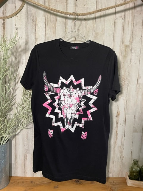 Buffalo Skull (Pink/White) Printed, Tunic-Length T-Shirt in Black