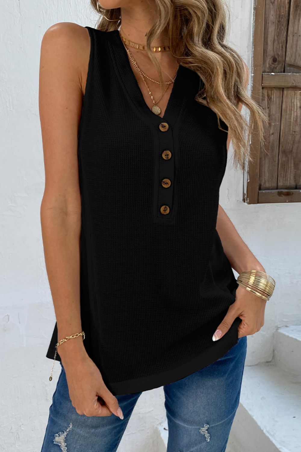 Buttoned V-Neck Tank in Black