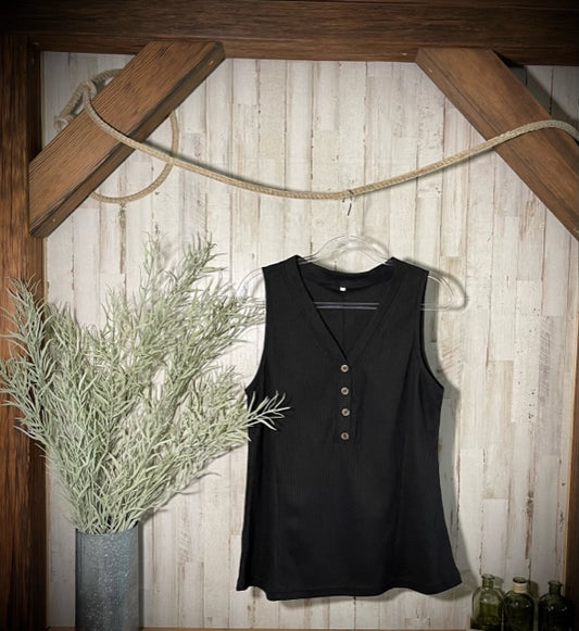 Buttoned V-Neck Tank in Black