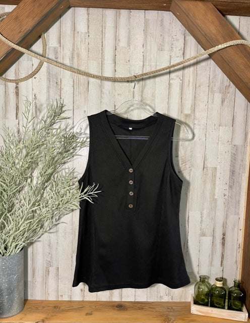 Buttoned V-Neck Tank in Black