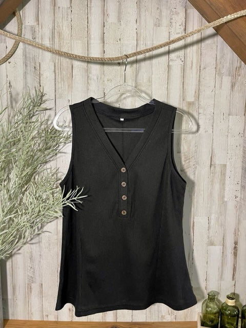 Buttoned V-Neck Tank in Black