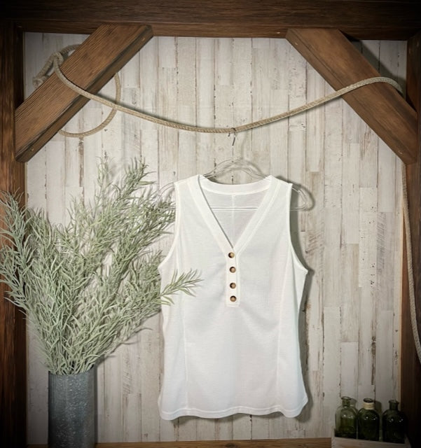 Buttoned V-Neck Tank in White