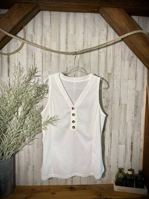 Buttoned V-Neck Tank in White