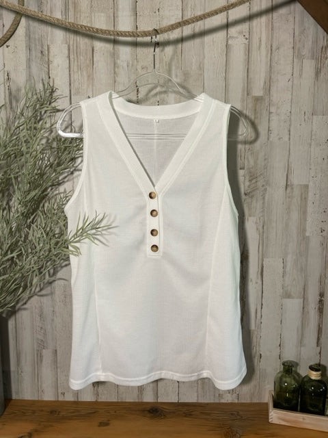 Buttoned V-Neck Tank in White