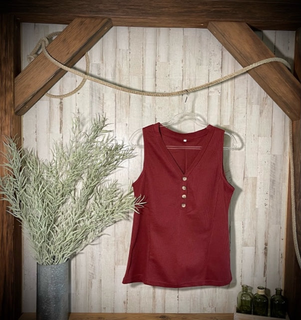 Buttoned V-Neck Tank in Wine