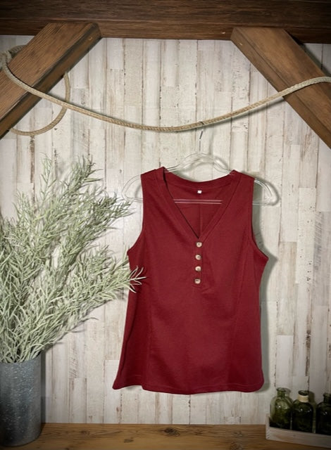 Buttoned V-Neck Tank in Wine