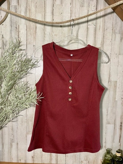 Buttoned V-Neck Tank in Wine