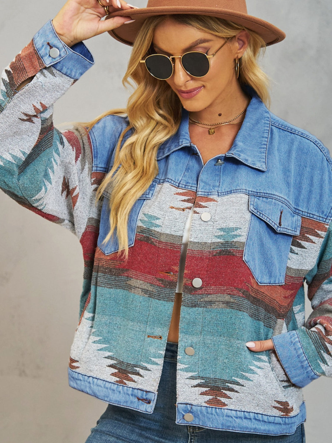 Western Aztec Dropped Shoulder Denim Jacket