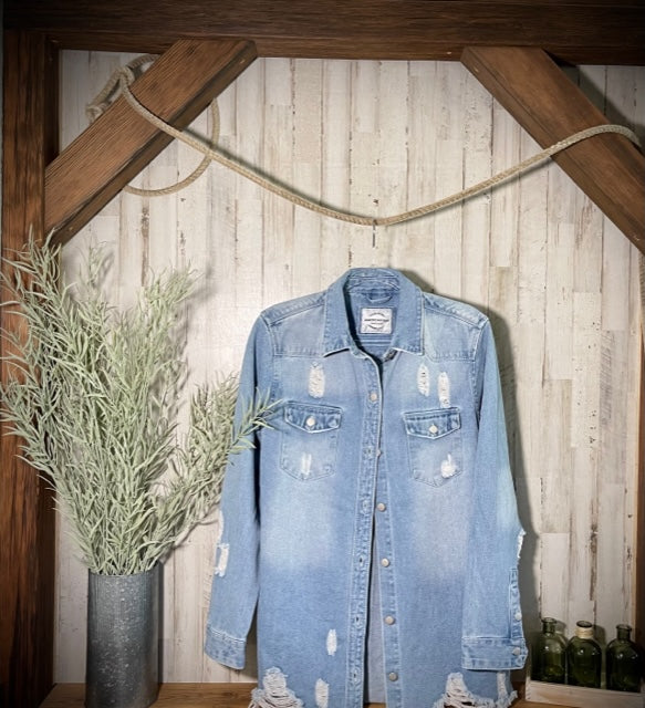 Distressed, Raw-Hem Denim Jacket