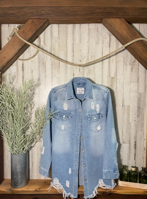 Distressed, Raw-Hem Denim Jacket