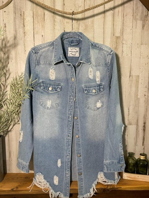 Distressed, Raw-Hem Denim Jacket