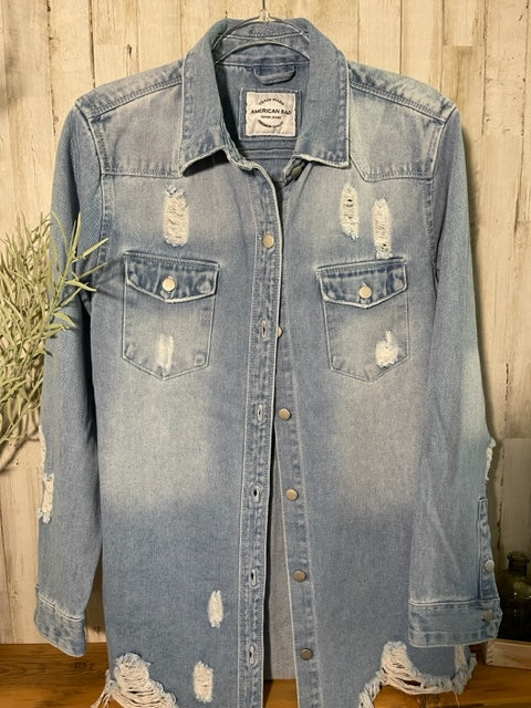 Distressed, Raw-Hem Denim Jacket