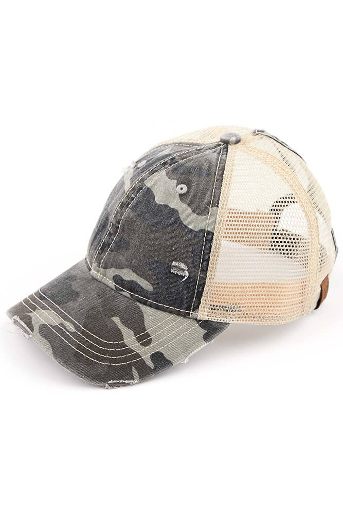 Gorra con cola de caballo estilo vintage con lavado desgastado y camuflaje CC