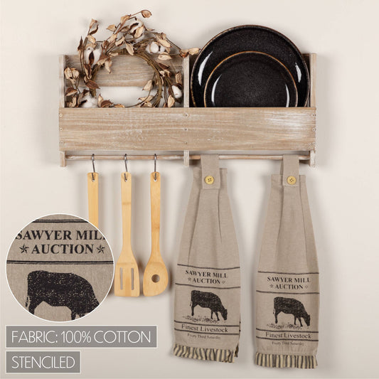 “Sawyer Mill Auction” Charcoal Cow Button Loop Tea Towel