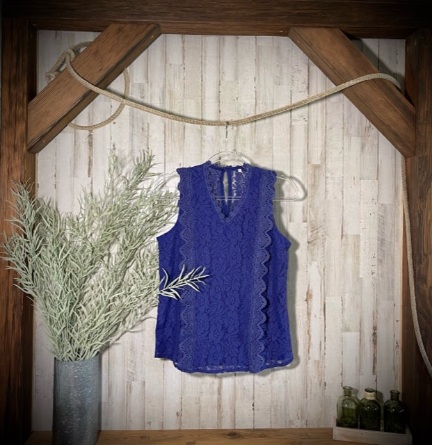 Floral Lace, V-Neck Tank in Sapphire