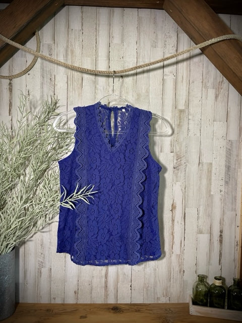 Floral Lace, V-Neck Tank in Sapphire