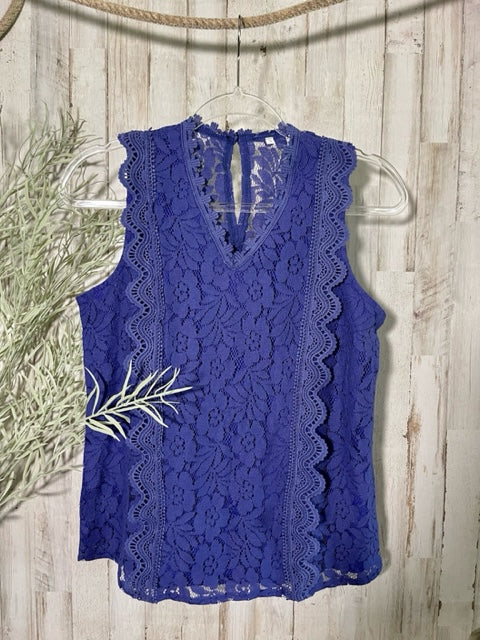 Floral Lace, V-Neck Tank in Sapphire