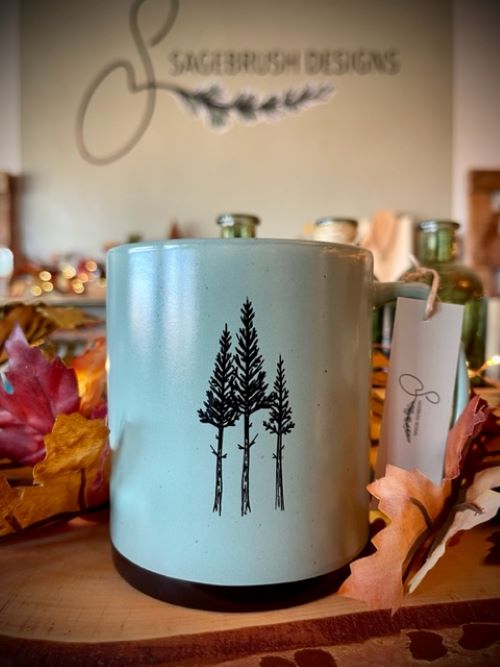 The Montana Scene Rustic "Three Tree" Ceramic Mug in Sage Green