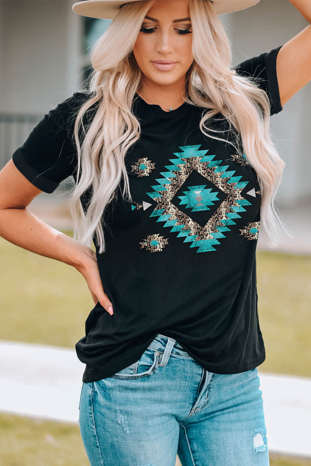 "Southwestern" Turquoise/Silver Printed, Cuffed-Sleeve T-Shirt in Black