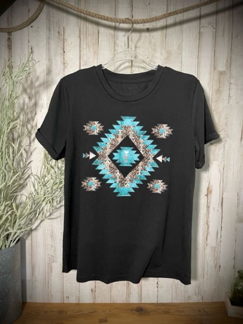 "Southwestern" Turquoise/Silver Printed, Cuffed-Sleeve T-Shirt in Black