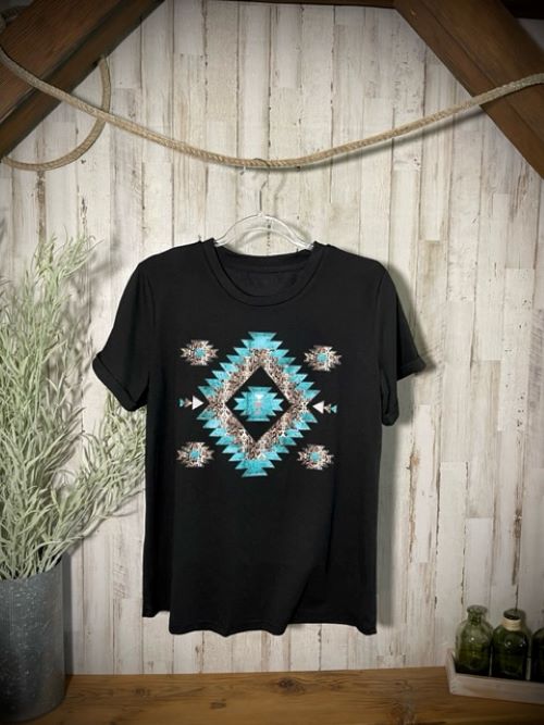 "Southwestern" Turquoise/Silver Printed, Cuffed-Sleeve T-Shirt in Black