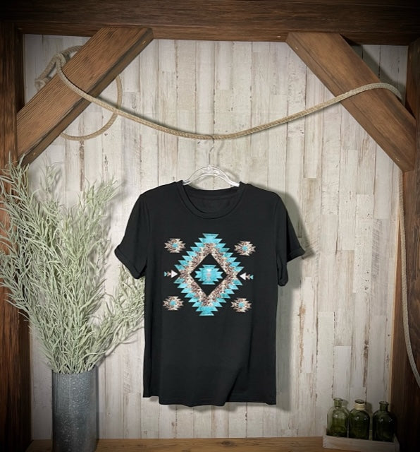 "Southwestern" Turquoise/Silver Printed, Cuffed-Sleeve T-Shirt in Black