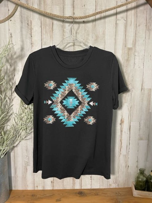 "Southwestern" Turquoise/Silver Printed, Cuffed-Sleeve T-Shirt in Black