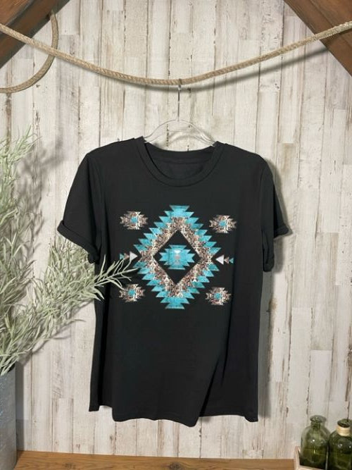 "Southwestern" Turquoise/Silver Printed, Cuffed-Sleeve T-Shirt in Black