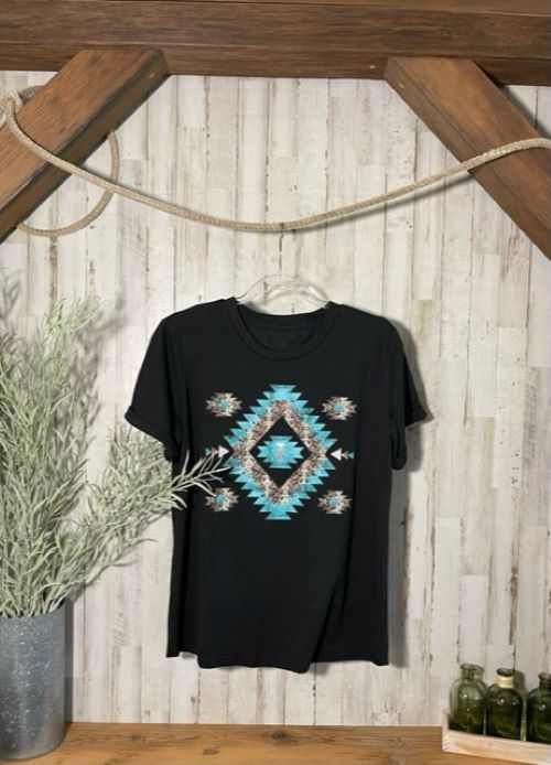 "Southwestern" Turquoise/Silver Printed, Cuffed-Sleeve T-Shirt in Black