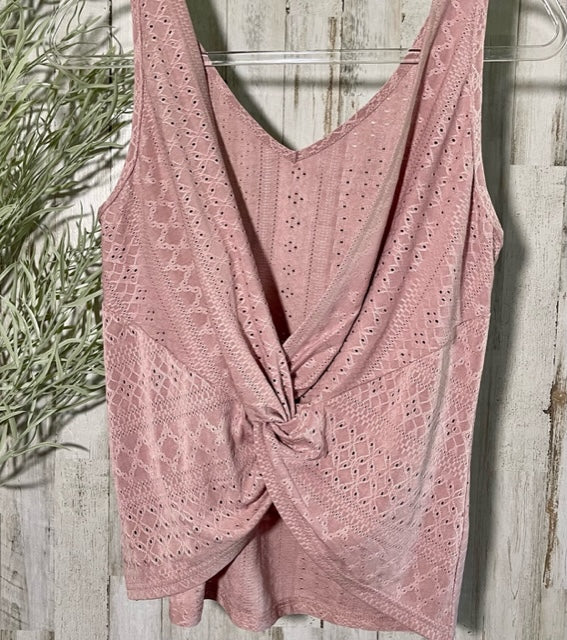 Twistback Eyelet, V-Neck Tank in Blush Pink