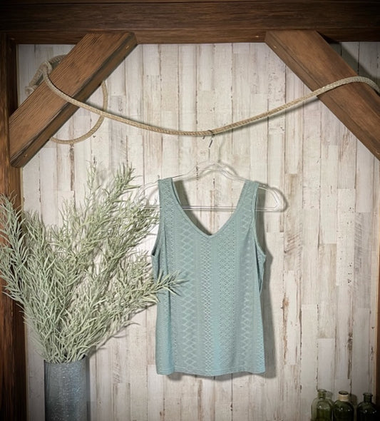 Twistback Eyelet, V-Neck Tank in Sage