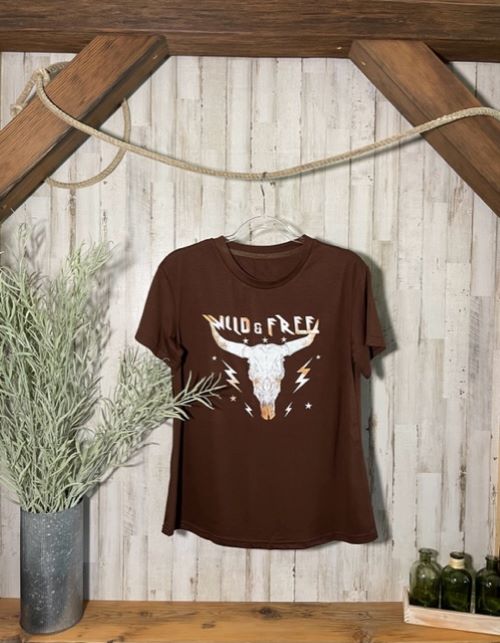 Camiseta con estampado de calavera "Wild &amp; Free" en marrón