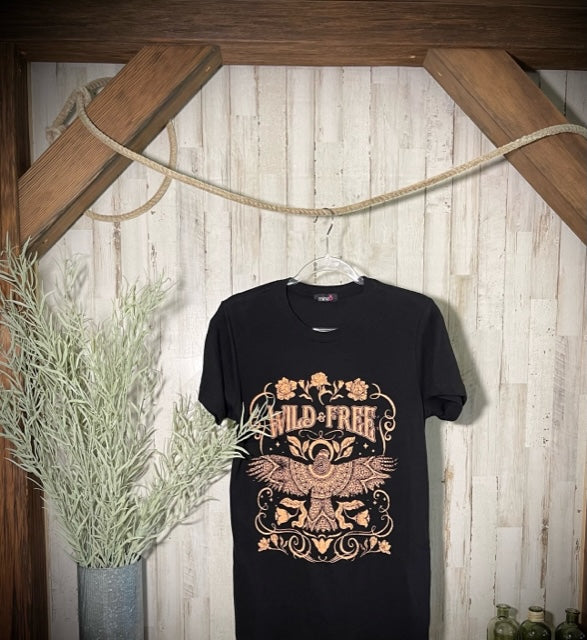 "Wild & Free" Printed Tunic-Length T-Shirt in Black